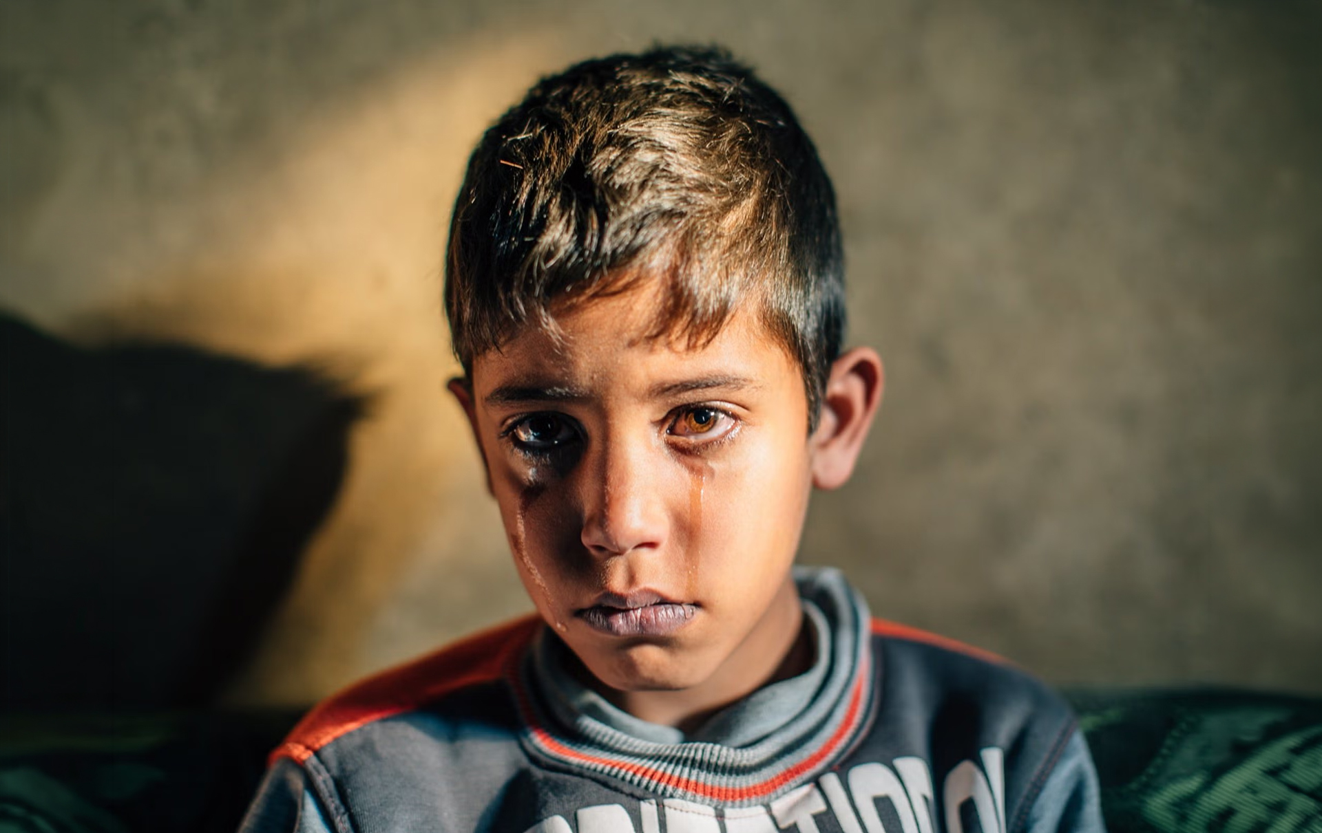 A young boy with tears streaming down his face